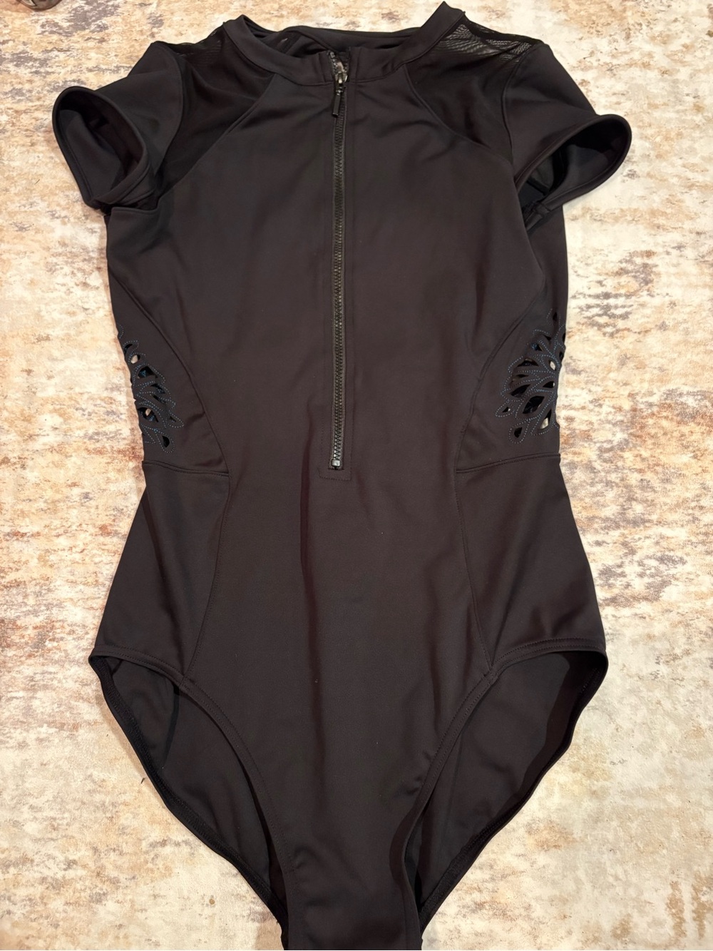 Mirella Black Short-Sleeve Front Zip leotard with cut outs on side